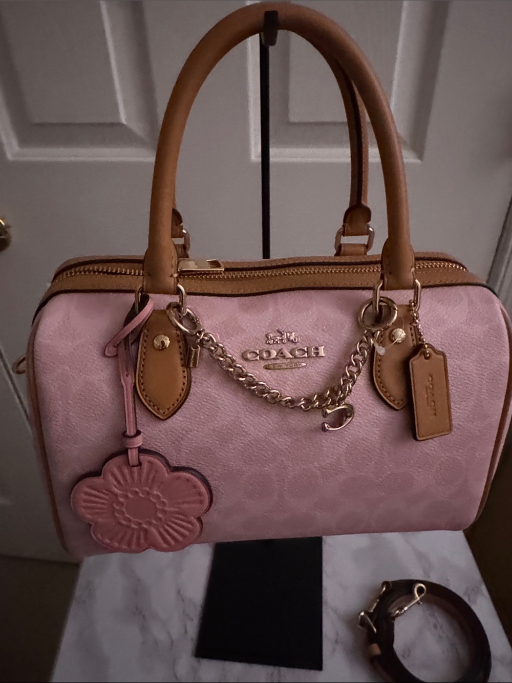 Coach Pink Leather Satchel with Tan Trim and Gold Hardware - Picture 3 of 12
